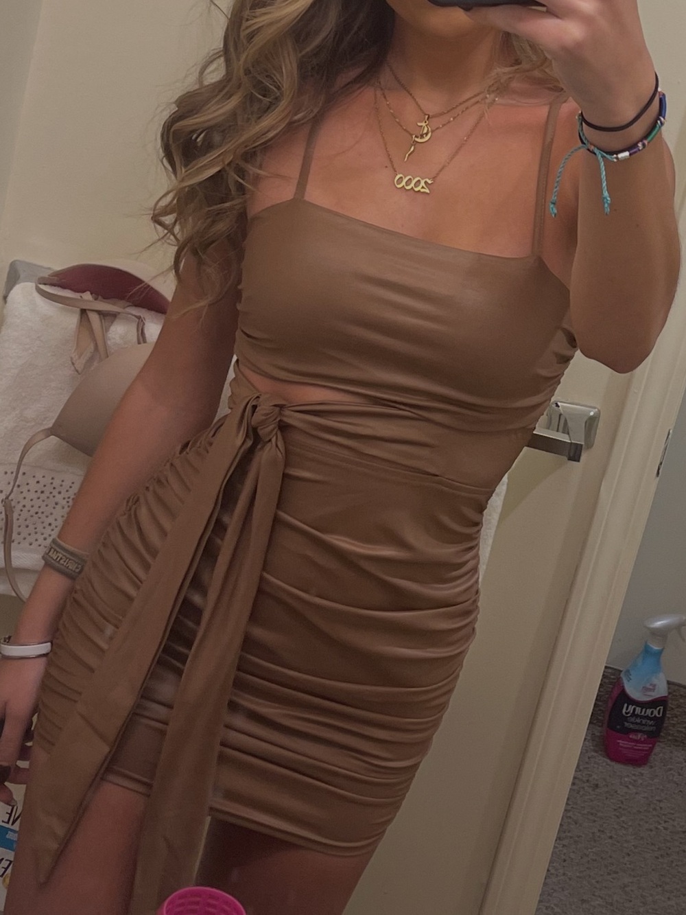 Ruched Tie-Side Satin Mini Dress - Camel Brown